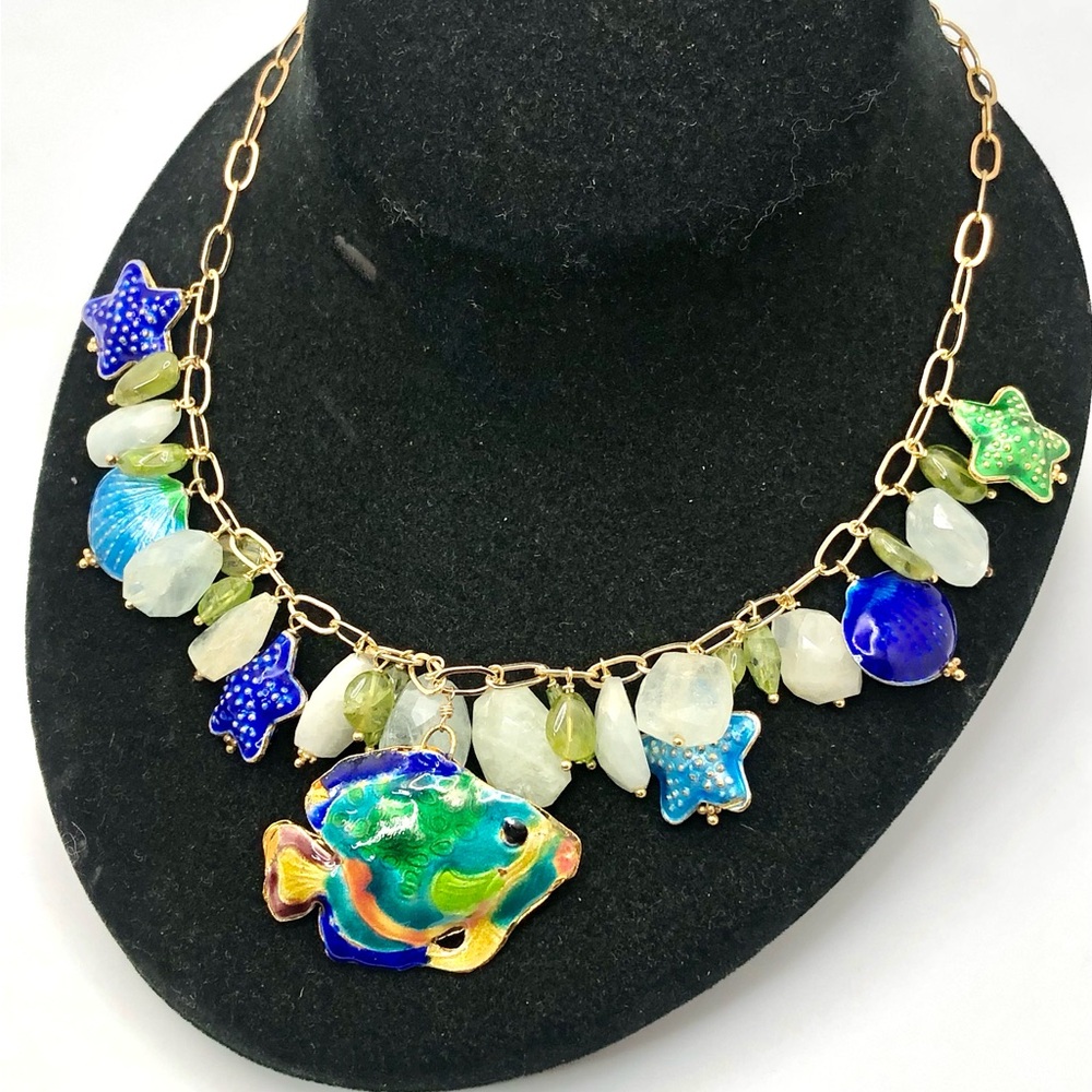 MCM Massive Gemstones and Enameled Charms Gold over Sterling Silver Necklace
